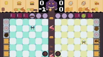 Screenshot of Cook for Your Soul. Two kitchens flank a conveyor belt feeding a monster.