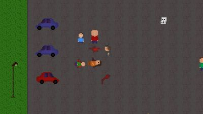 Screenshot of Dis-o-rder. A man in a gray coat and hat a faces a pair of dead bodies in a parking lot.