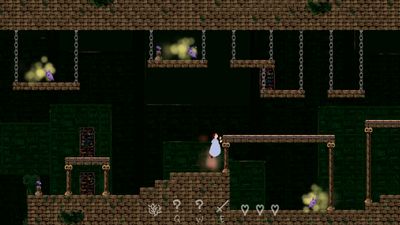 Screenshot of Library of Madness. The player reaches up to the next ledge in this oddly-shaped library.