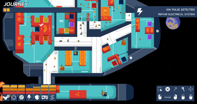 GIF of Repair-bot Rodeo. Robots disperse around a fast-moving spacehsip.