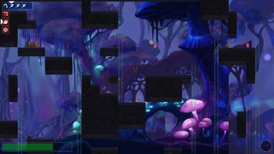 Screenshot of Stone Raider. A hooded figure jumps across brick platforms in a mushroom forest.