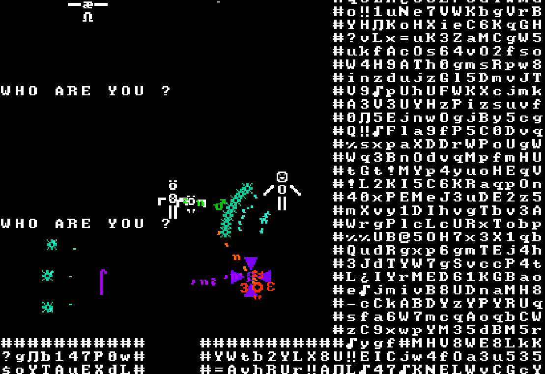 GIF of You Are Nothing. Stick figures made of ASCII art sling spells at one another.