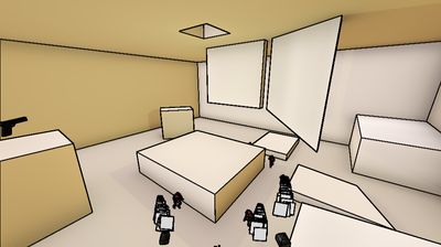 Screenshot showing several enemies firing in a yellow room