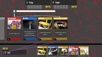 Screenshot of Random Bullshit Go, in which an Inciting Incident is on the stack below a Fork and a Stopsign targeting it.